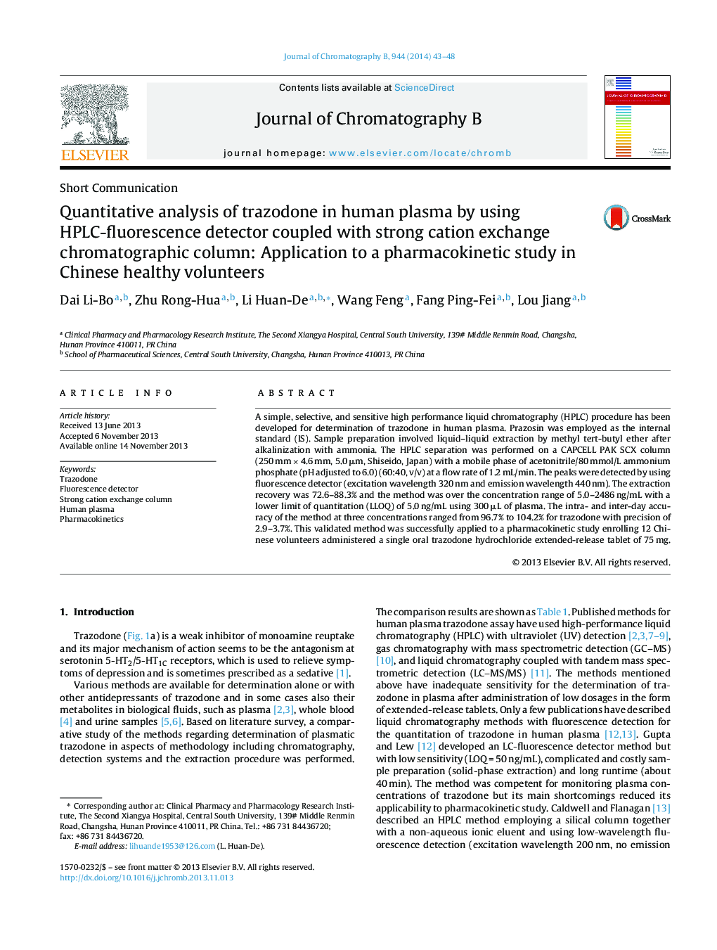 Quantitative analysis of trazodone in human plasma by using HPLC-fluorescence detector coupled with strong cation exchange chromatographic column: Application to a pharmacokinetic study in Chinese healthy volunteers