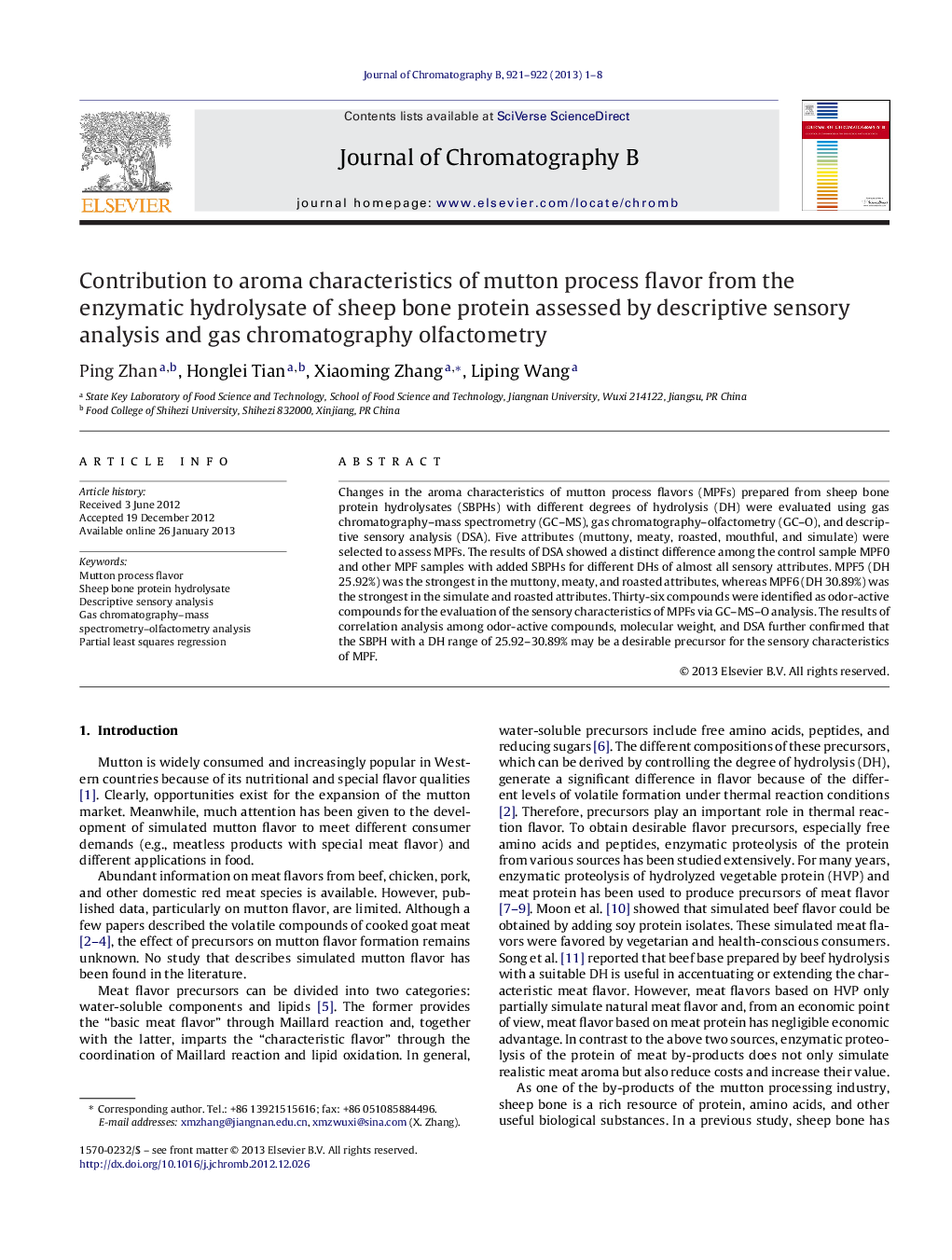 Contribution to aroma characteristics of mutton process flavor from the enzymatic hydrolysate of sheep bone protein assessed by descriptive sensory analysis and gas chromatography olfactometry
