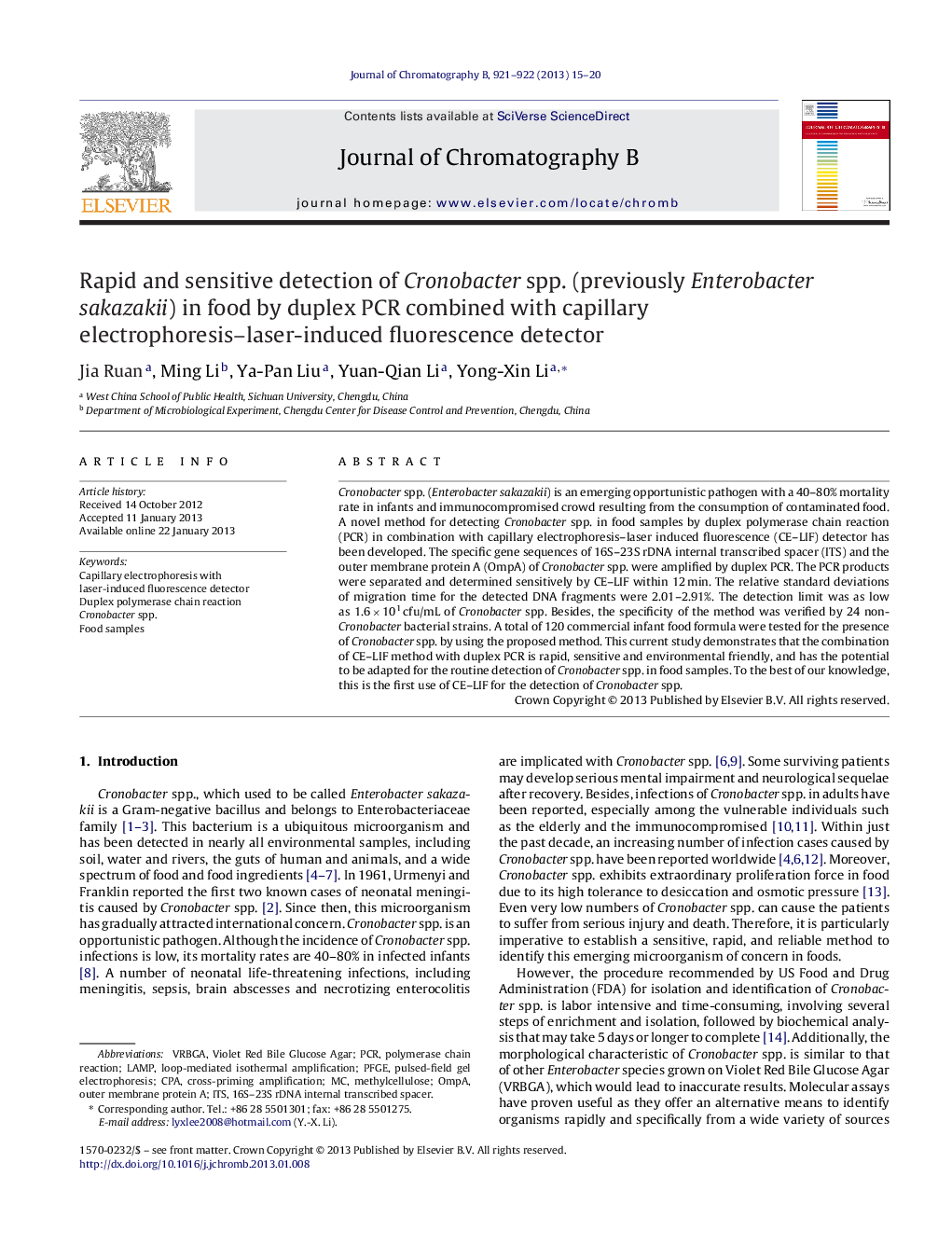 Rapid and sensitive detection of Cronobacter spp. (previously Enterobacter sakazakii) in food by duplex PCR combined with capillary electrophoresis–laser-induced fluorescence detector