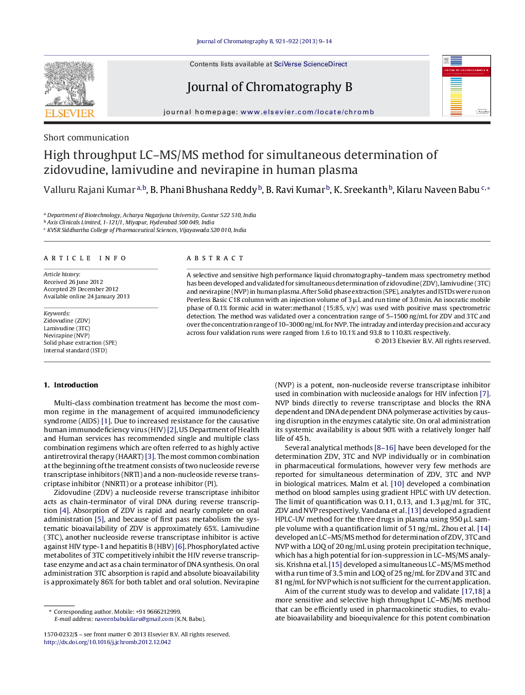 High throughput LC-MS/MS method for simultaneous determination of zidovudine, lamivudine and nevirapine in human plasma