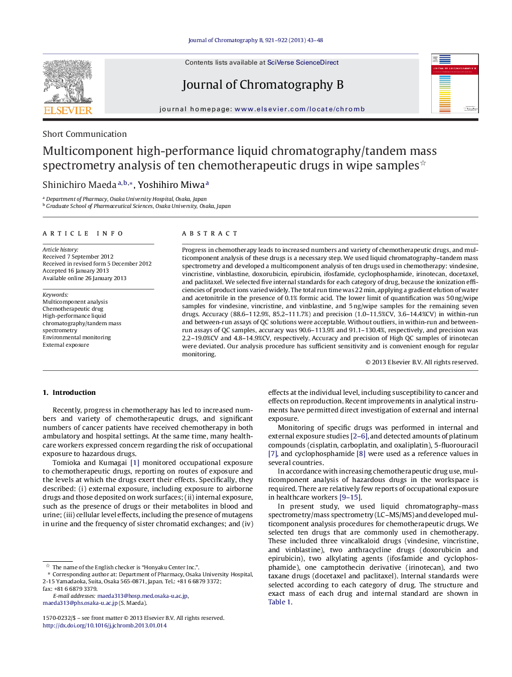 Multicomponent high-performance liquid chromatography/tandem mass spectrometry analysis of ten chemotherapeutic drugs in wipe samples 