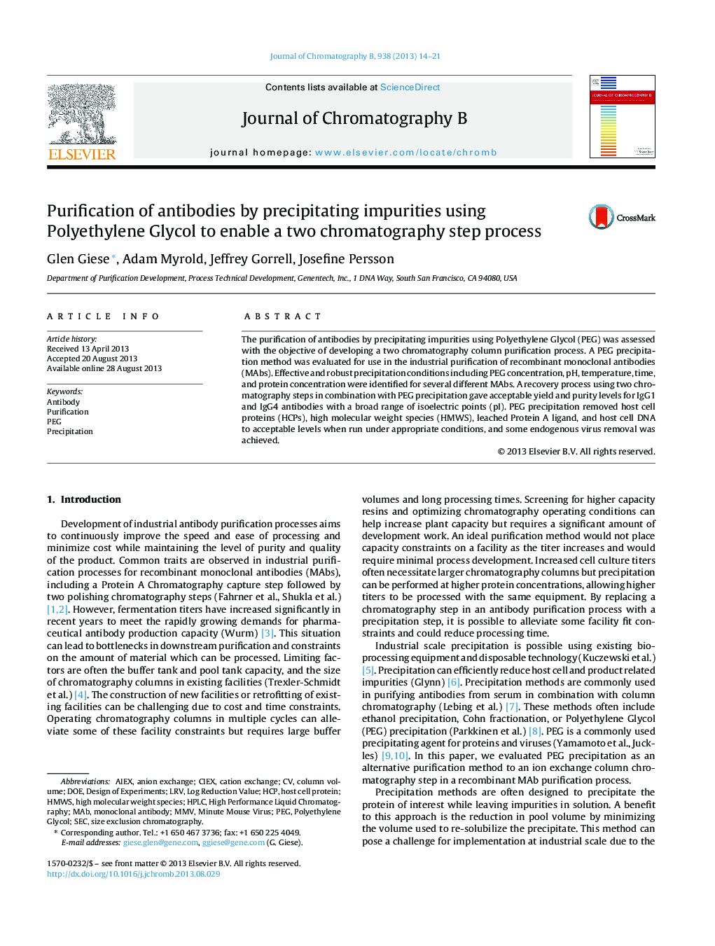 Purification of antibodies by precipitating impurities using Polyethylene Glycol to enable a two chromatography step process