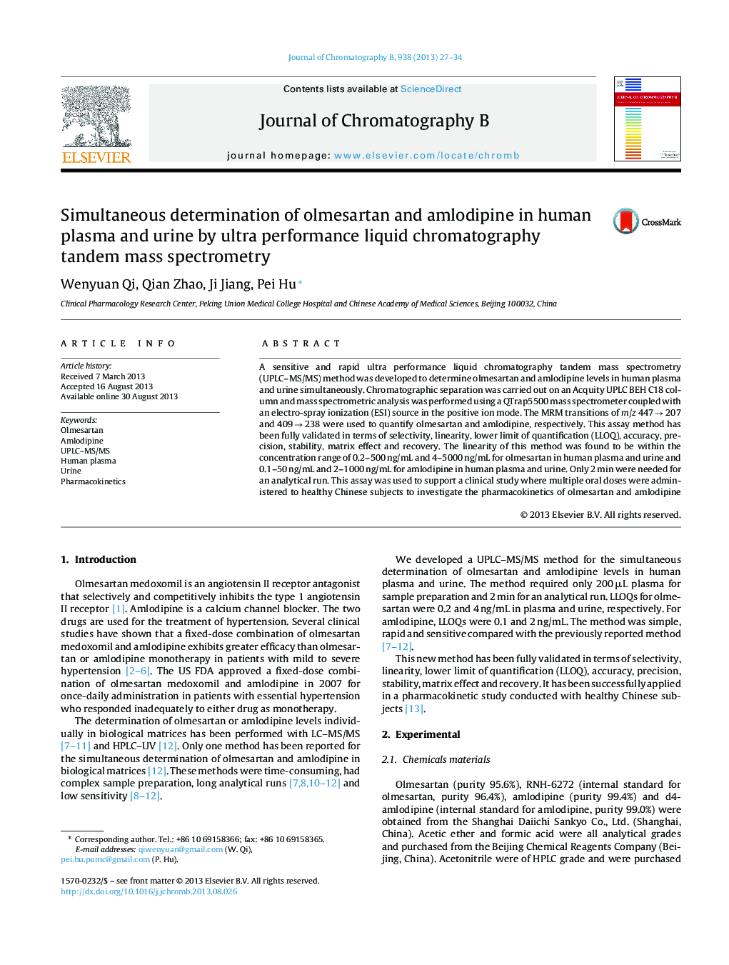 Simultaneous determination of olmesartan and amlodipine in human plasma and urine by ultra performance liquid chromatography tandem mass spectrometry