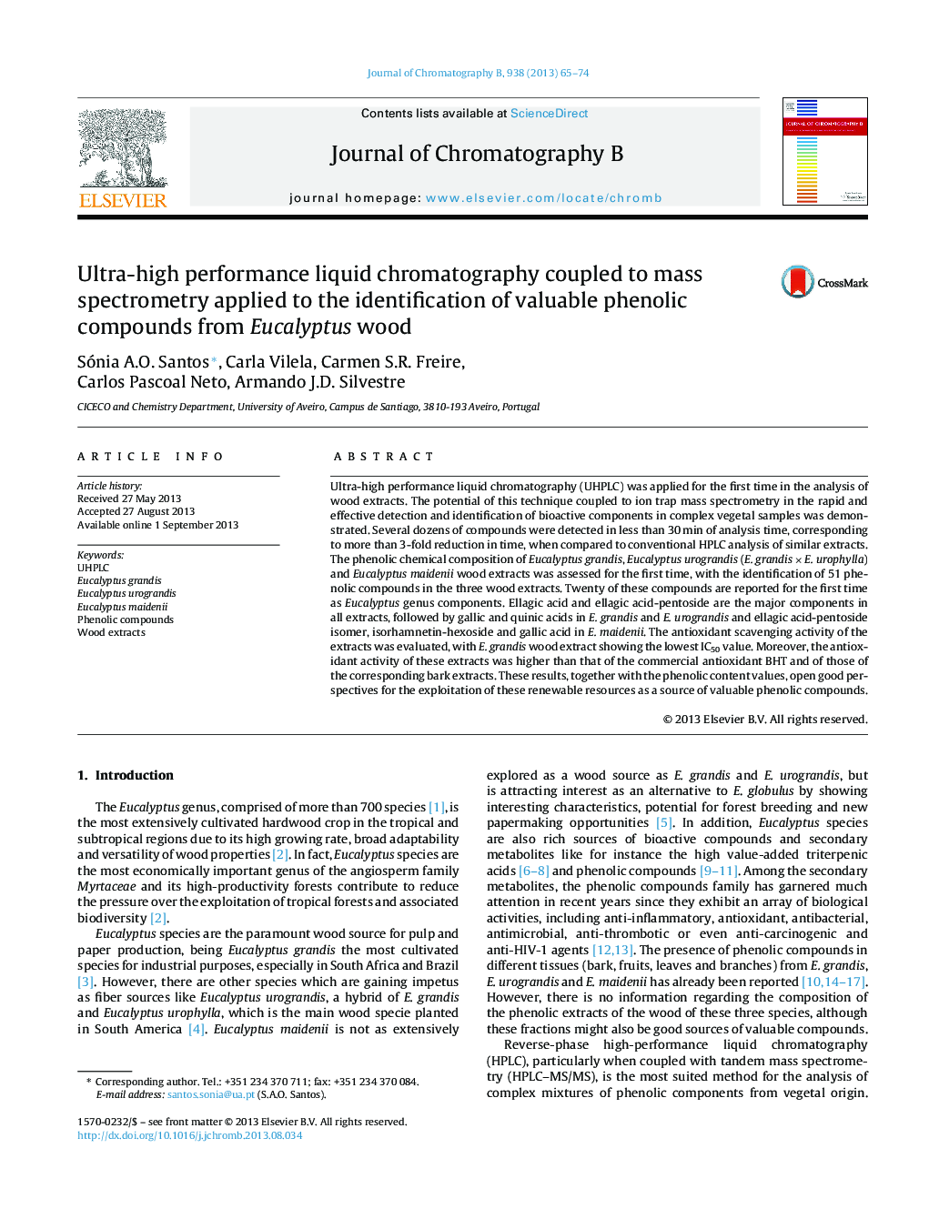 Ultra-high performance liquid chromatography coupled to mass spectrometry applied to the identification of valuable phenolic compounds from Eucalyptus wood