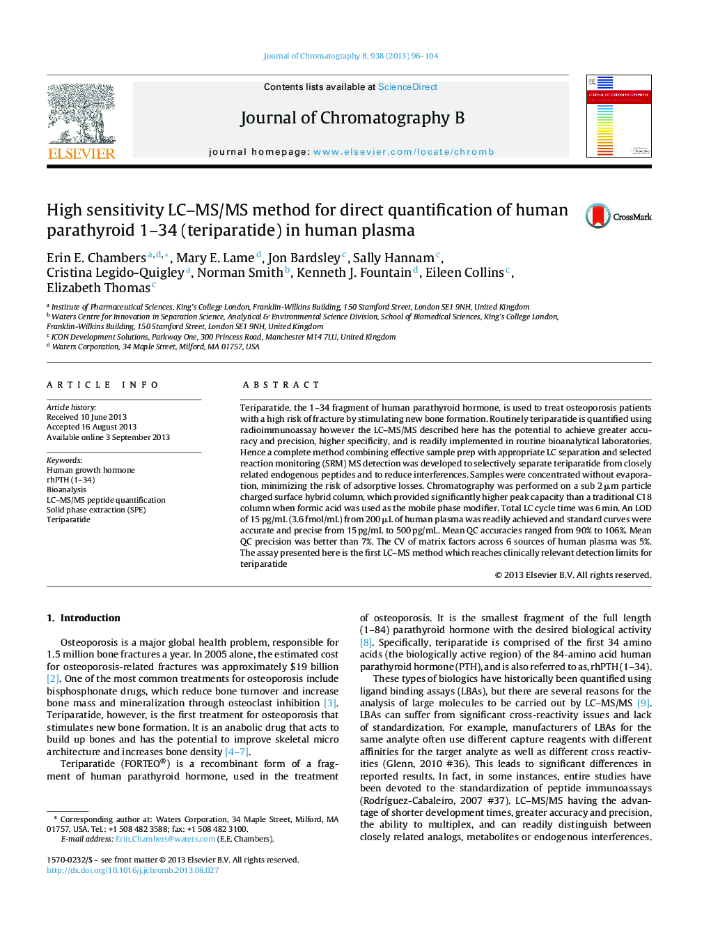 High sensitivity LC–MS/MS method for direct quantification of human parathyroid 1–34 (teriparatide) in human plasma