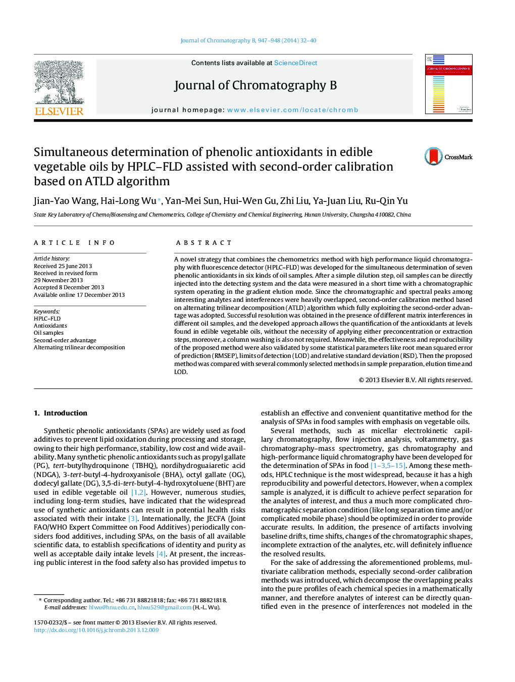 Simultaneous determination of phenolic antioxidants in edible vegetable oils by HPLC–FLD assisted with second-order calibration based on ATLD algorithm