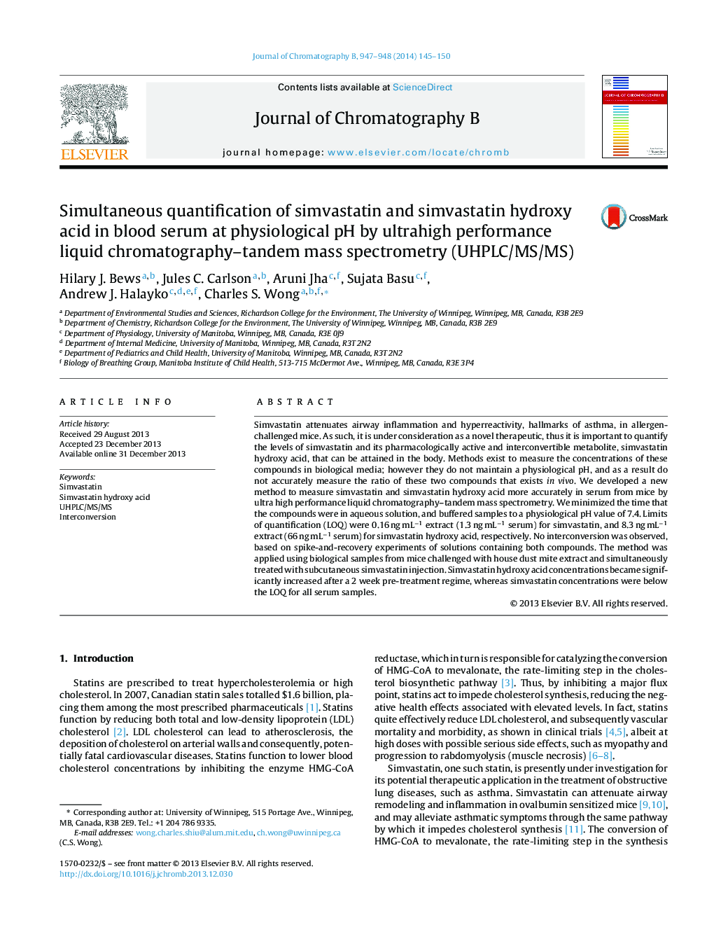 Simultaneous quantification of simvastatin and simvastatin hydroxy acid in blood serum at physiological pH by ultrahigh performance liquid chromatography–tandem mass spectrometry (UHPLC/MS/MS)