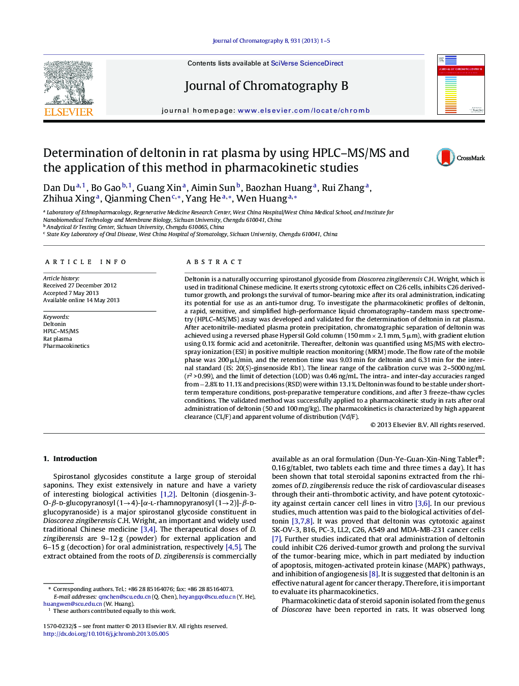 Determination of deltonin in rat plasma by using HPLC–MS/MS and the application of this method in pharmacokinetic studies