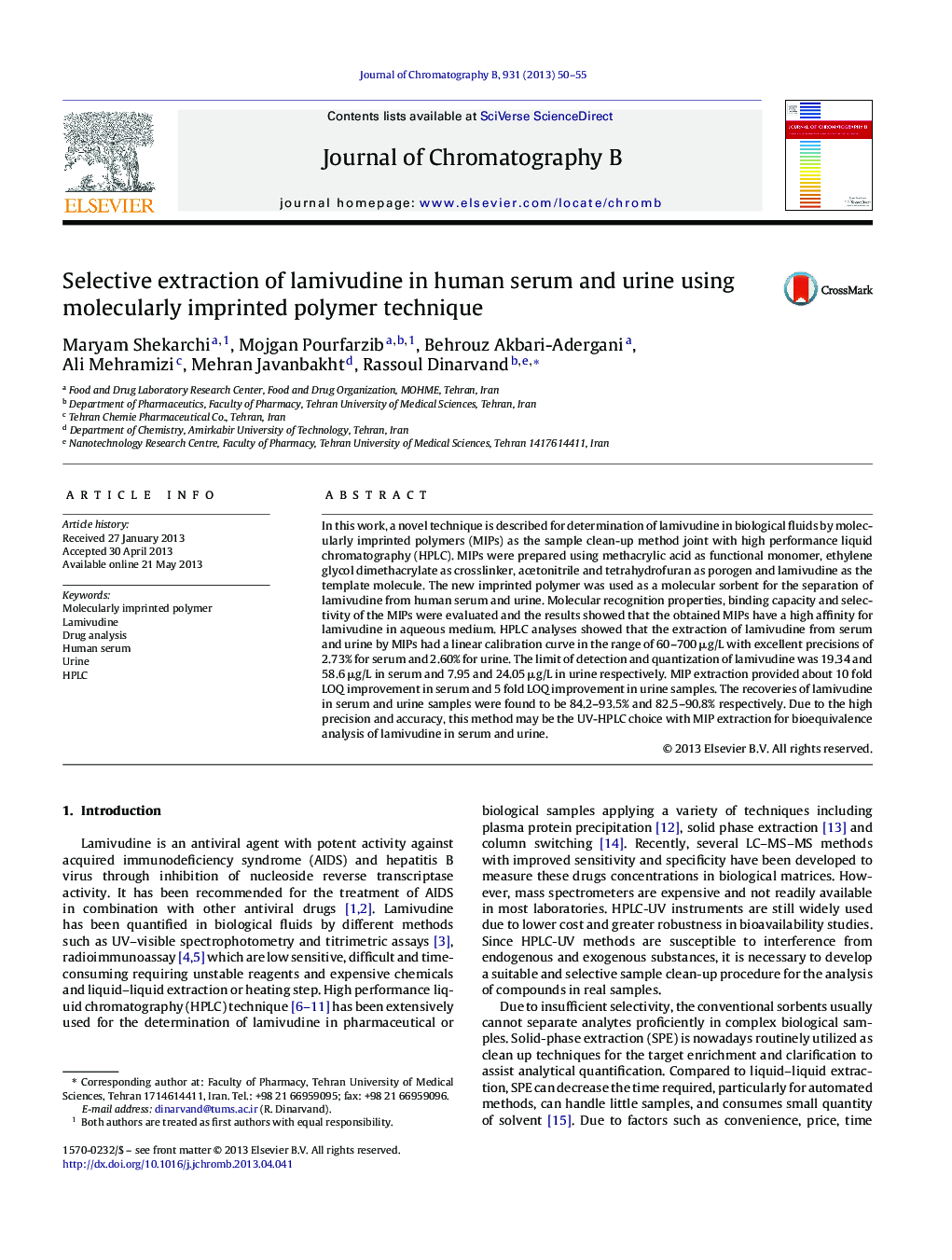 Selective extraction of lamivudine in human serum and urine using molecularly imprinted polymer technique