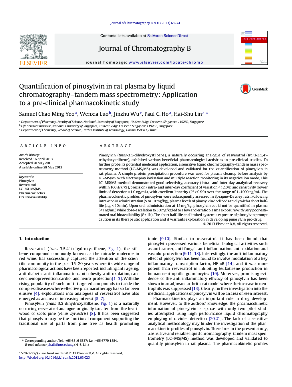 Quantification of pinosylvin in rat plasma by liquid chromatography–tandem mass spectrometry: Application to a pre-clinical pharmacokinetic study