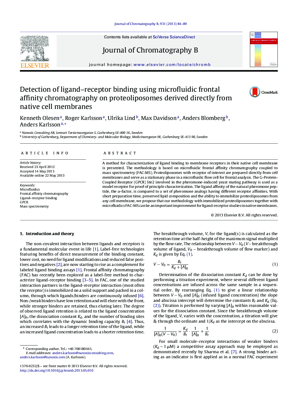 Detection of ligand–receptor binding using microfluidic frontal affinity chromatography on proteoliposomes derived directly from native cell membranes