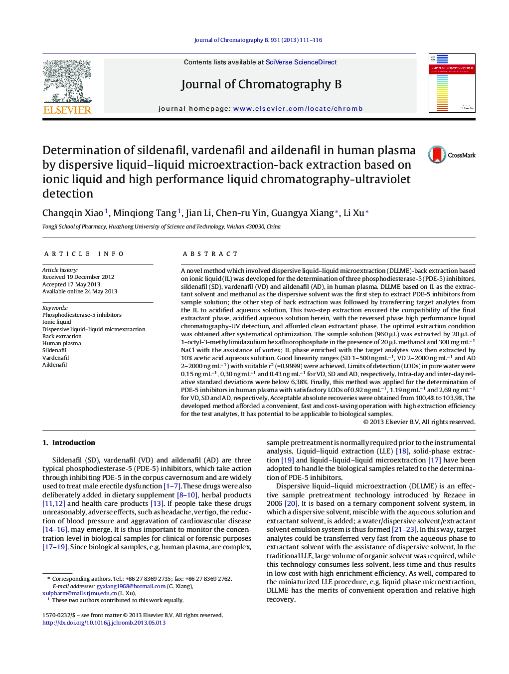 Determination of sildenafil, vardenafil and aildenafil in human plasma by dispersive liquid–liquid microextraction-back extraction based on ionic liquid and high performance liquid chromatography-ultraviolet detection