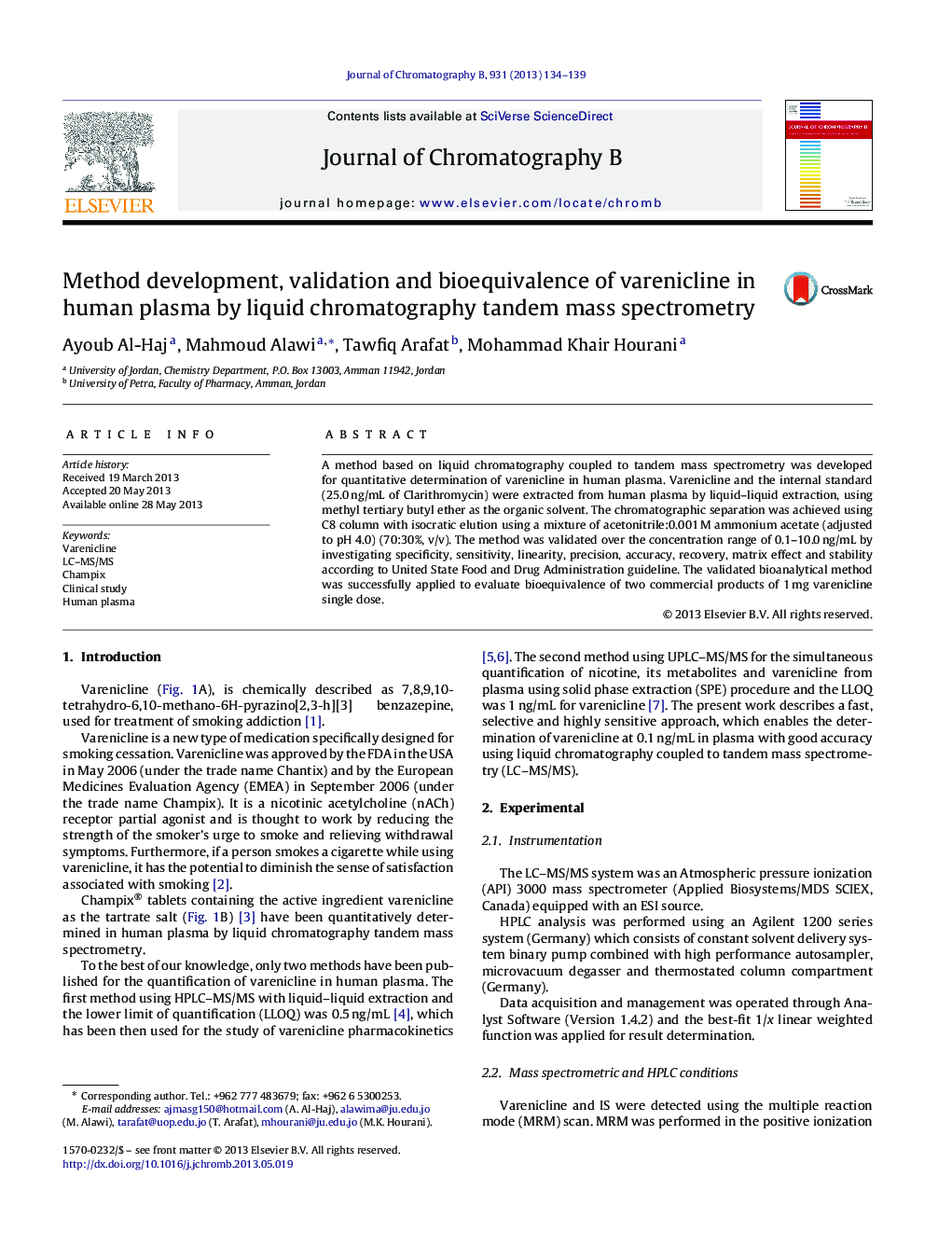 Method development, validation and bioequivalence of varenicline in human plasma by liquid chromatography tandem mass spectrometry