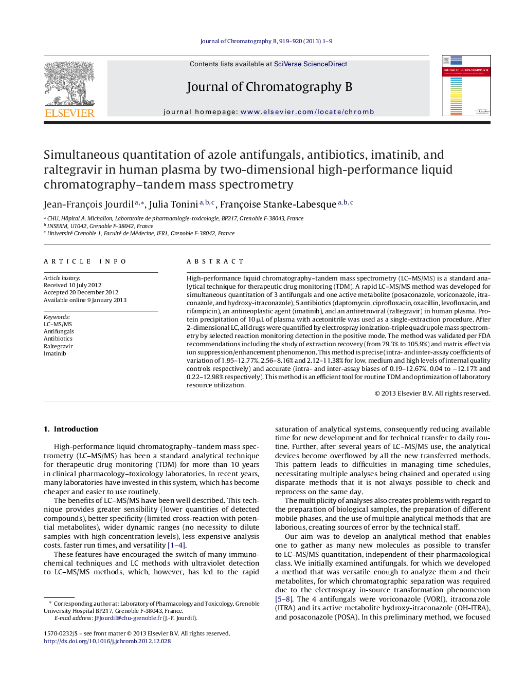 Simultaneous quantitation of azole antifungals, antibiotics, imatinib, and raltegravir in human plasma by two-dimensional high-performance liquid chromatography–tandem mass spectrometry