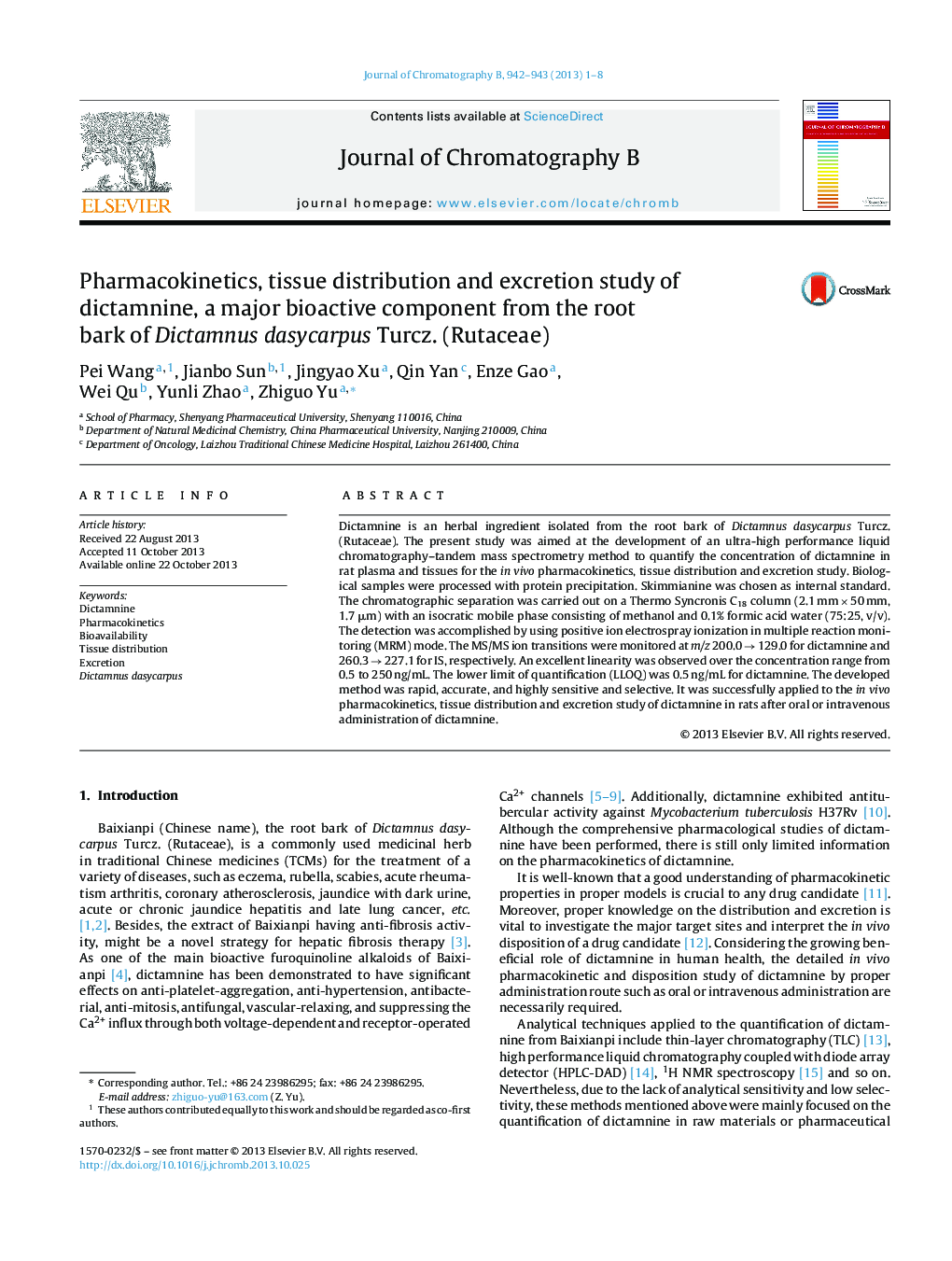 Pharmacokinetics, tissue distribution and excretion study of dictamnine, a major bioactive component from the root bark of Dictamnus dasycarpus Turcz. (Rutaceae)