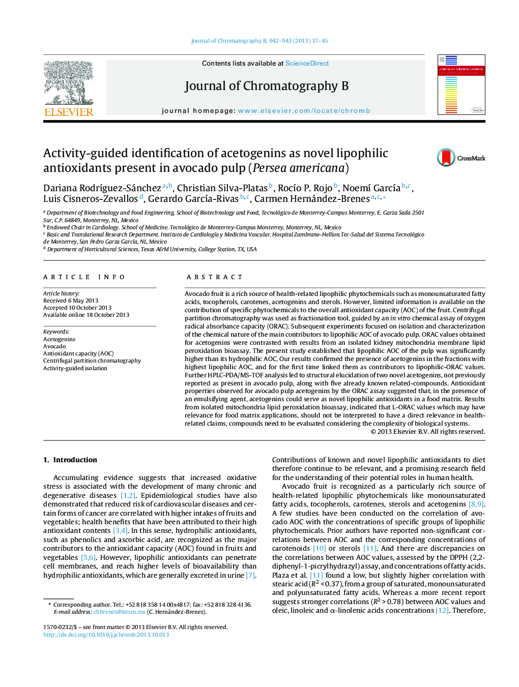 Activity-guided identification of acetogenins as novel lipophilic antioxidants present in avocado pulp (Persea americana)