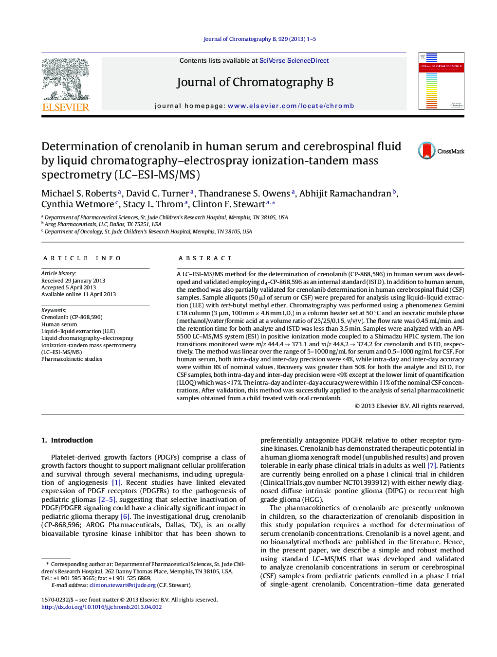 Determination of crenolanib in human serum and cerebrospinal fluid by liquid chromatography–electrospray ionization-tandem mass spectrometry (LC–ESI-MS/MS)