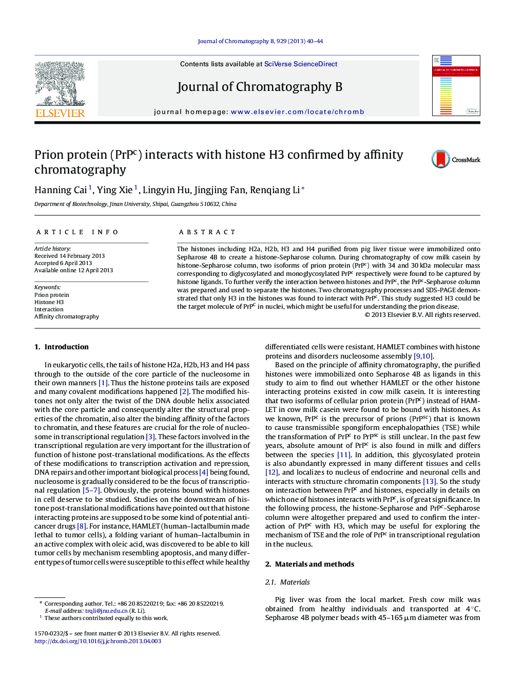 Prion protein (PrPc) interacts with histone H3 confirmed by affinity chromatography