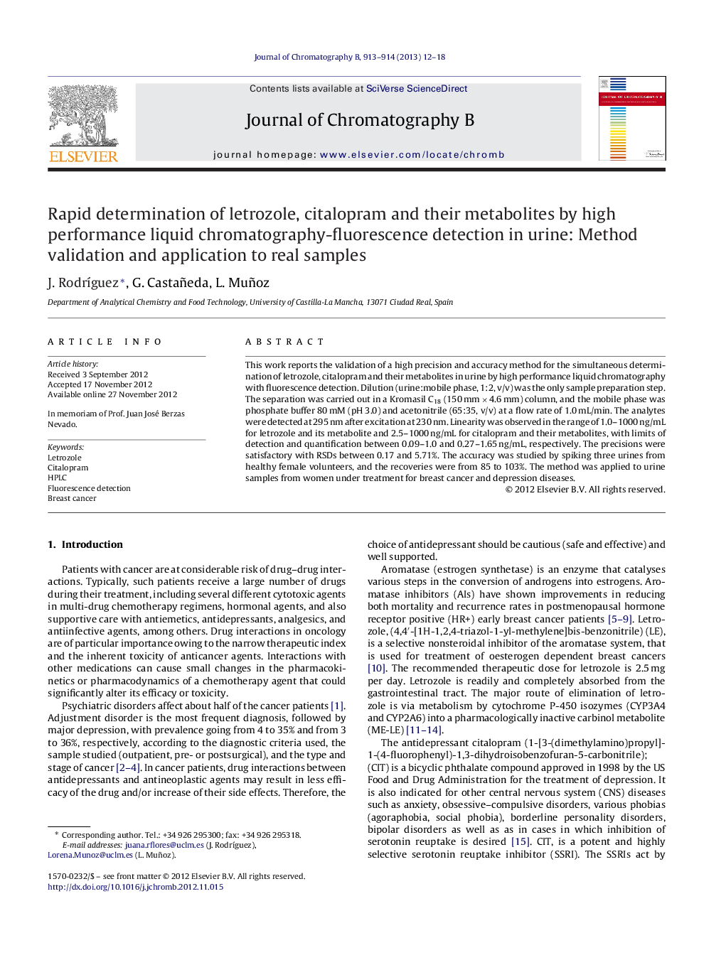 Rapid determination of letrozole, citalopram and their metabolites by high performance liquid chromatography-fluorescence detection in urine: Method validation and application to real samples
