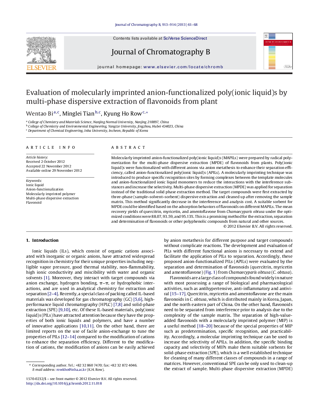 Evaluation of molecularly imprinted anion-functionalized poly(ionic liquid)s by multi-phase dispersive extraction of flavonoids from plant