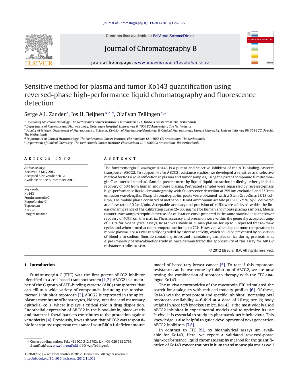 Sensitive method for plasma and tumor Ko143 quantification using reversed-phase high-performance liquid chromatography and fluorescence detection