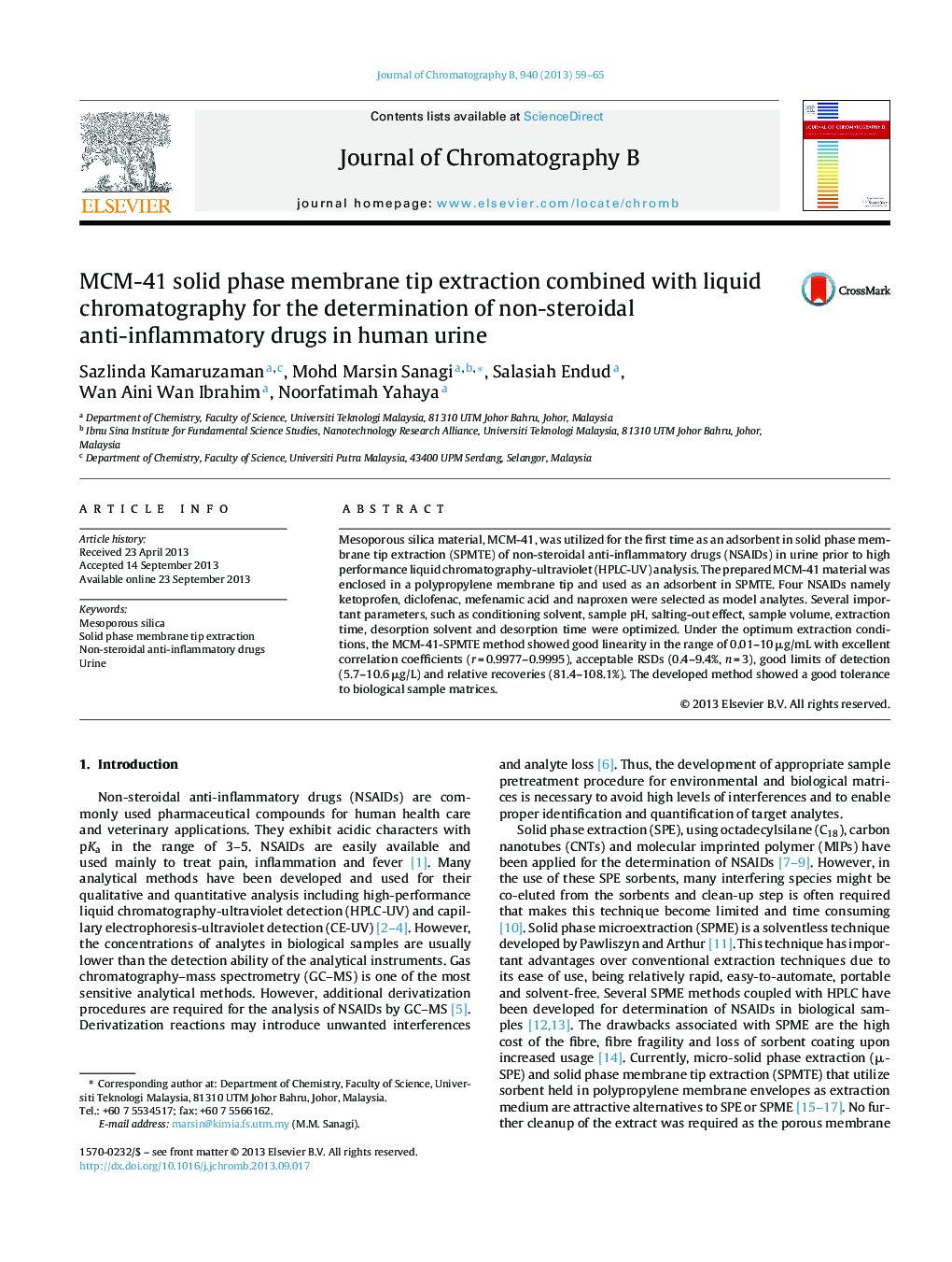 MCM-41 solid phase membrane tip extraction combined with liquid chromatography for the determination of non-steroidal anti-inflammatory drugs in human urine