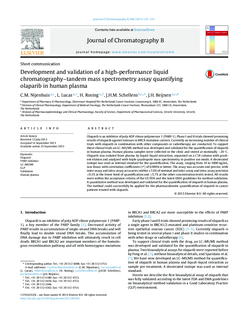 Development and validation of a high-performance liquid chromatography–tandem mass spectrometry assay quantifying olaparib in human plasma