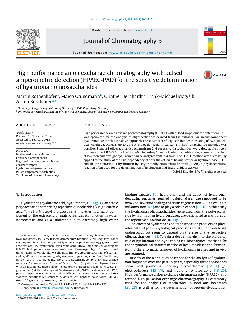 High performance anion exchange chromatography with pulsed amperometric detection (HPAEC-PAD) for the sensitive determination of hyaluronan oligosaccharides