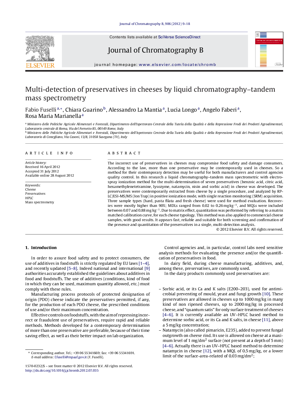 Multi-detection of preservatives in cheeses by liquid chromatography–tandem mass spectrometry