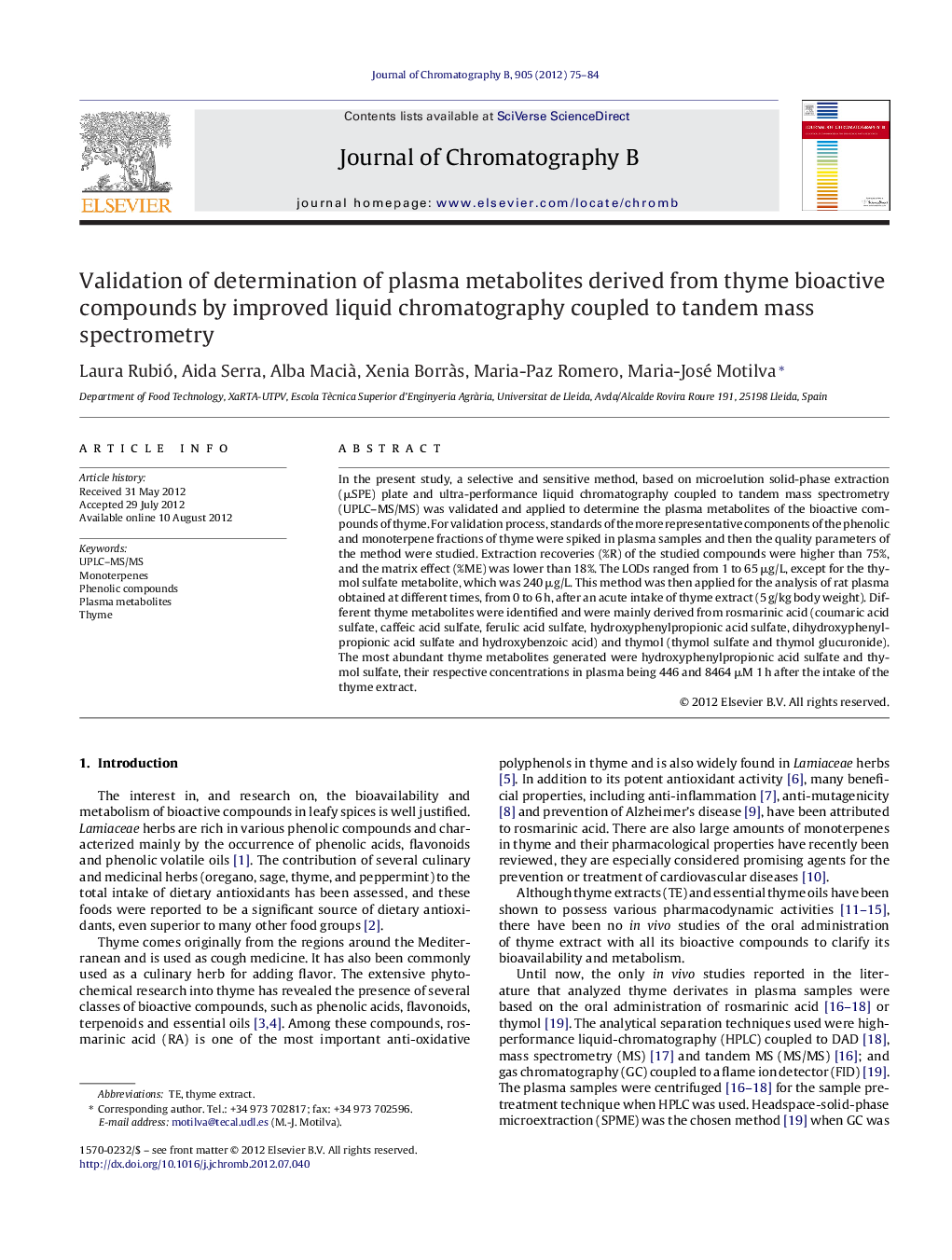 Validation of determination of plasma metabolites derived from thyme bioactive compounds by improved liquid chromatography coupled to tandem mass spectrometry