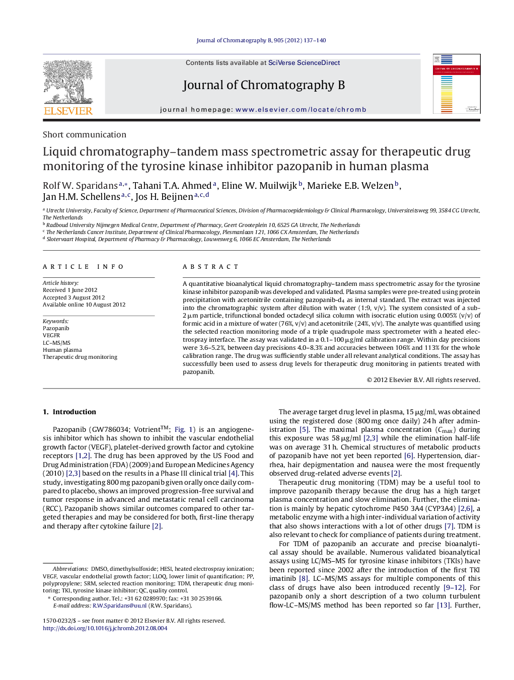 Liquid chromatography–tandem mass spectrometric assay for therapeutic drug monitoring of the tyrosine kinase inhibitor pazopanib in human plasma