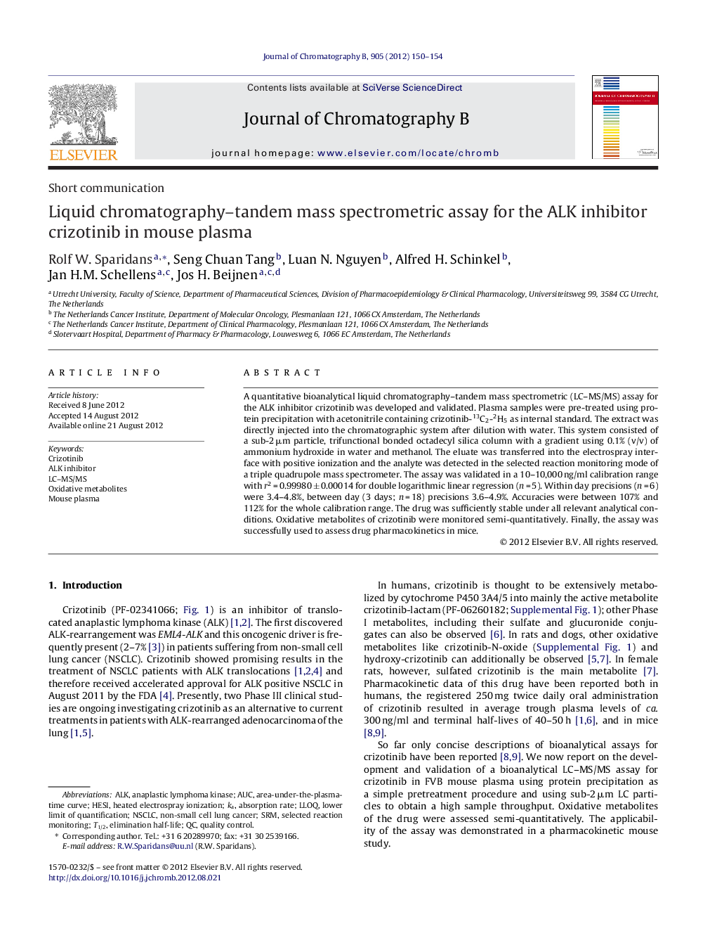 Liquid chromatography–tandem mass spectrometric assay for the ALK inhibitor crizotinib in mouse plasma