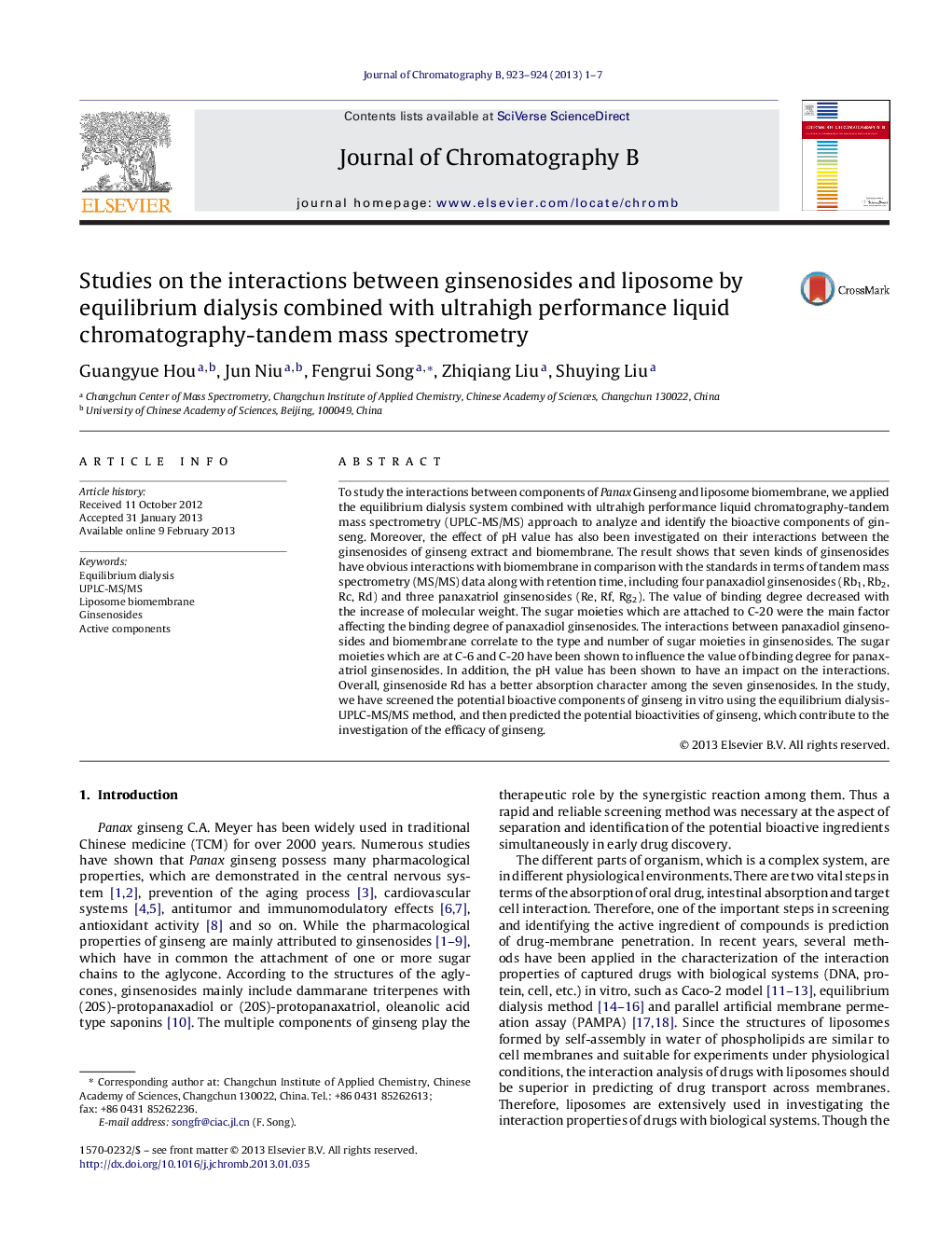 Studies on the interactions between ginsenosides and liposome by equilibrium dialysis combined with ultrahigh performance liquid chromatography-tandem mass spectrometry