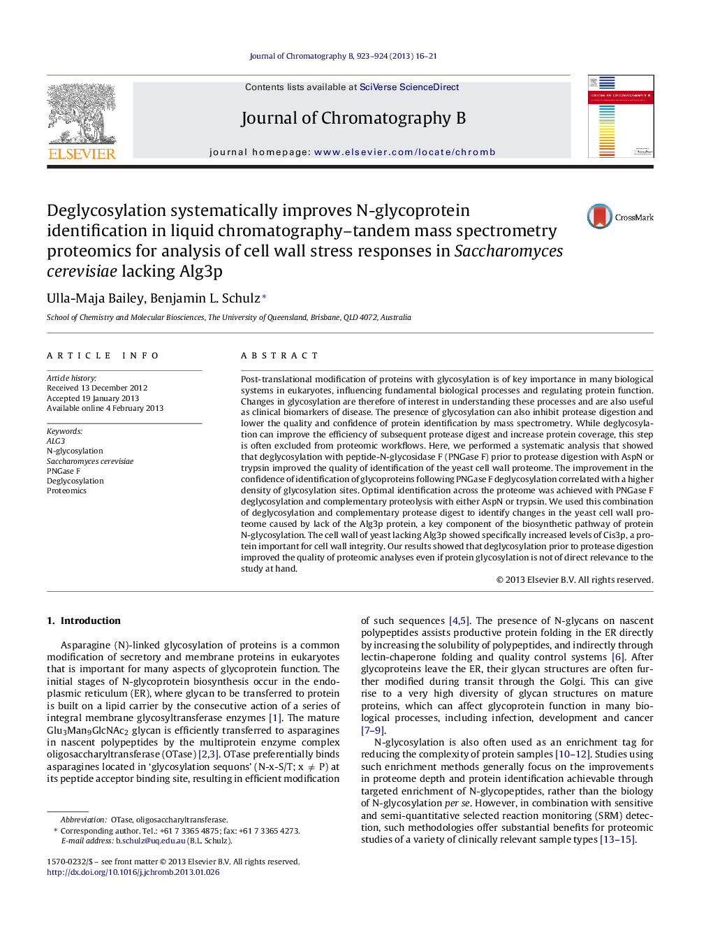 Deglycosylation systematically improves N-glycoprotein identification in liquid chromatography–tandem mass spectrometry proteomics for analysis of cell wall stress responses in Saccharomyces cerevisiae lacking Alg3p