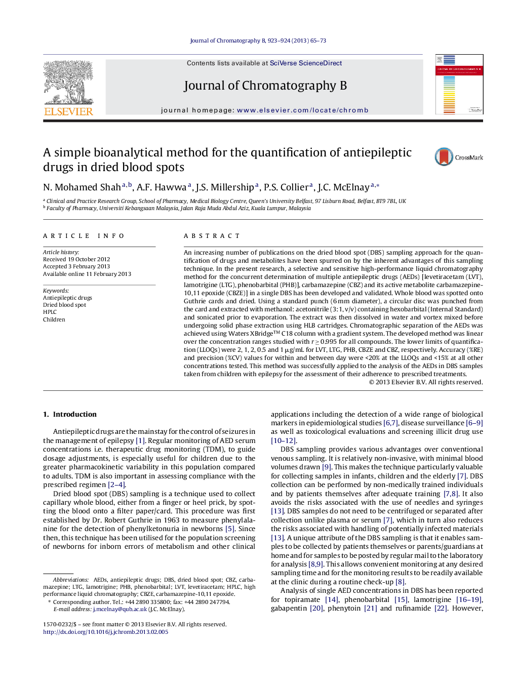 A simple bioanalytical method for the quantification of antiepileptic drugs in dried blood spots