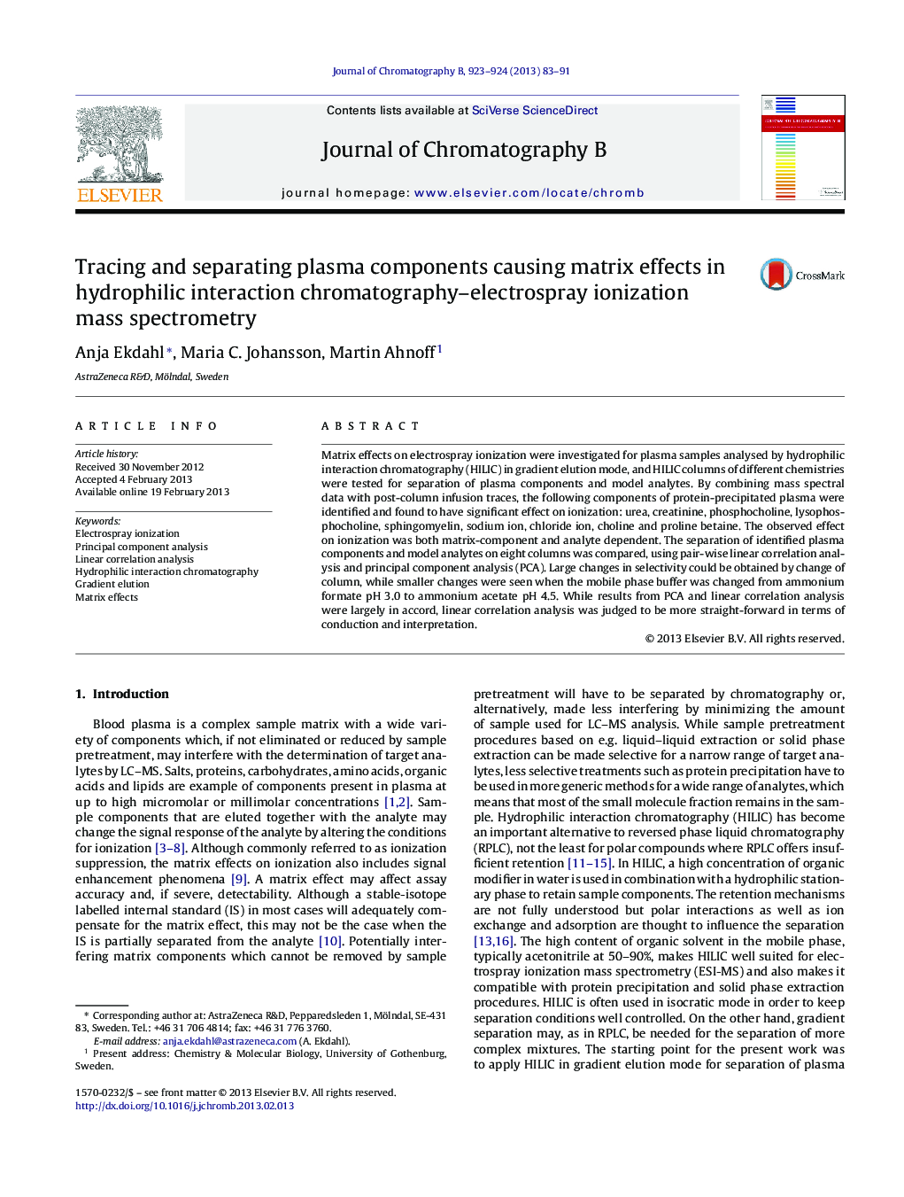 Tracing and separating plasma components causing matrix effects in hydrophilic interaction chromatography–electrospray ionization mass spectrometry