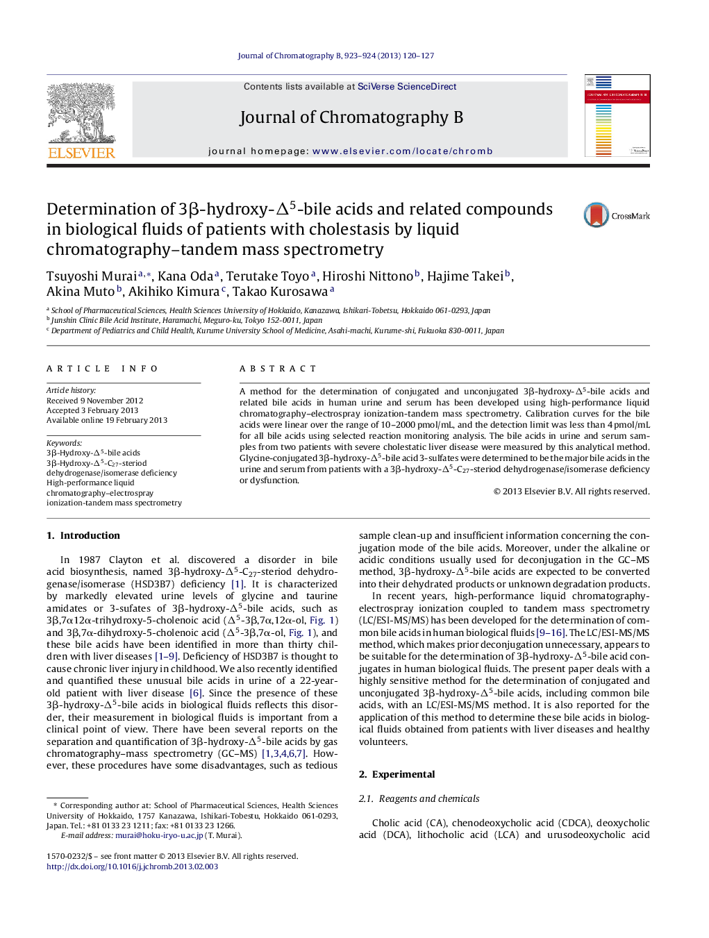 Determination of 3β-hydroxy-Δ5-bile acids and related compounds in biological fluids of patients with cholestasis by liquid chromatography–tandem mass spectrometry