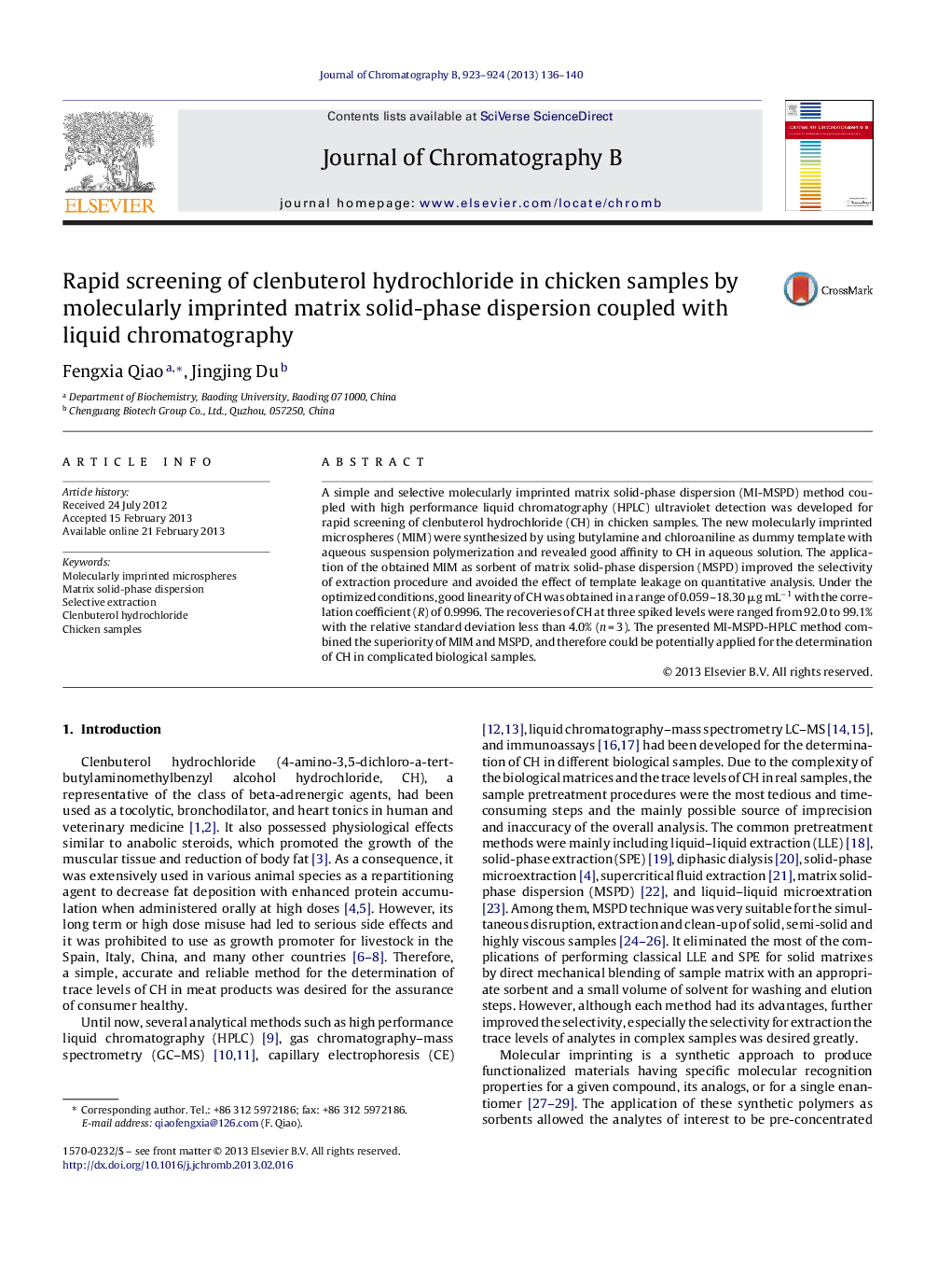 Rapid screening of clenbuterol hydrochloride in chicken samples by molecularly imprinted matrix solid-phase dispersion coupled with liquid chromatography