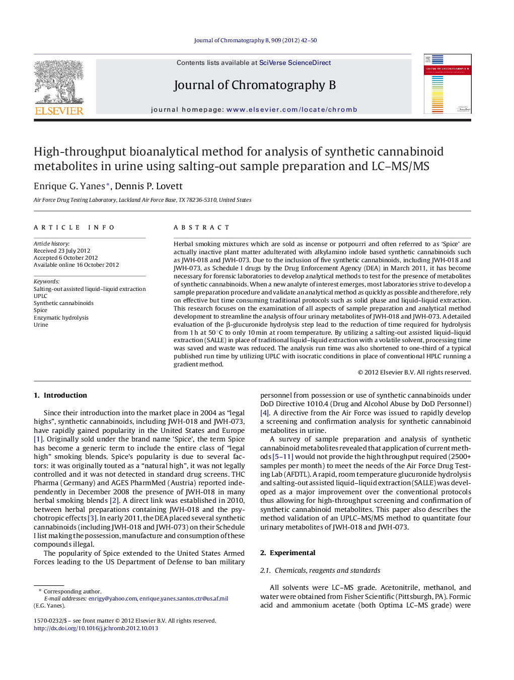 High-throughput bioanalytical method for analysis of synthetic cannabinoid metabolites in urine using salting-out sample preparation and LC–MS/MS