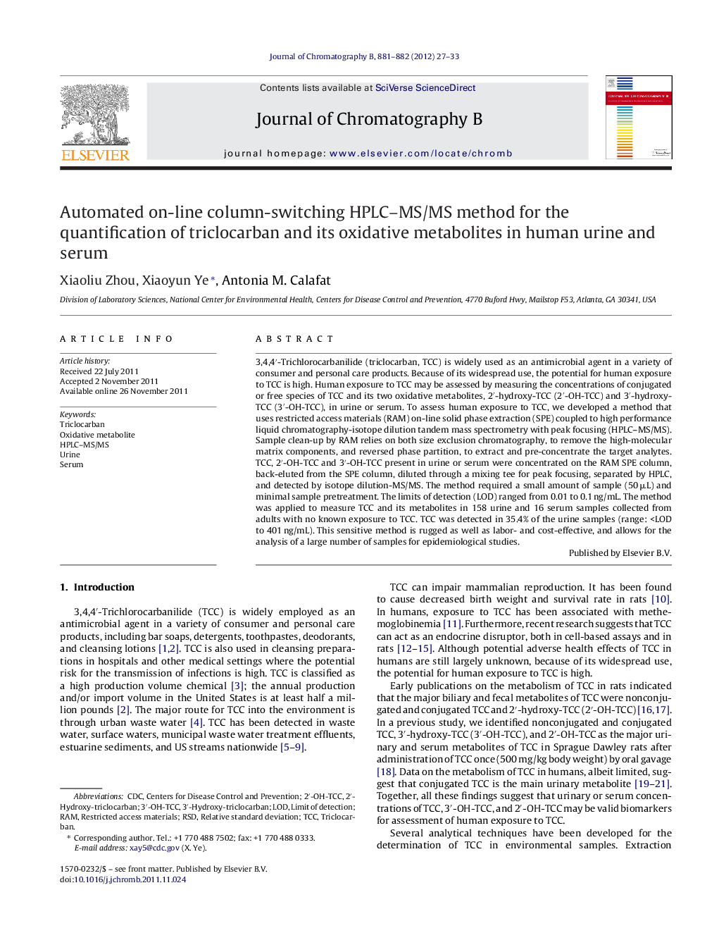 Automated on-line column-switching HPLC–MS/MS method for the quantification of triclocarban and its oxidative metabolites in human urine and serum