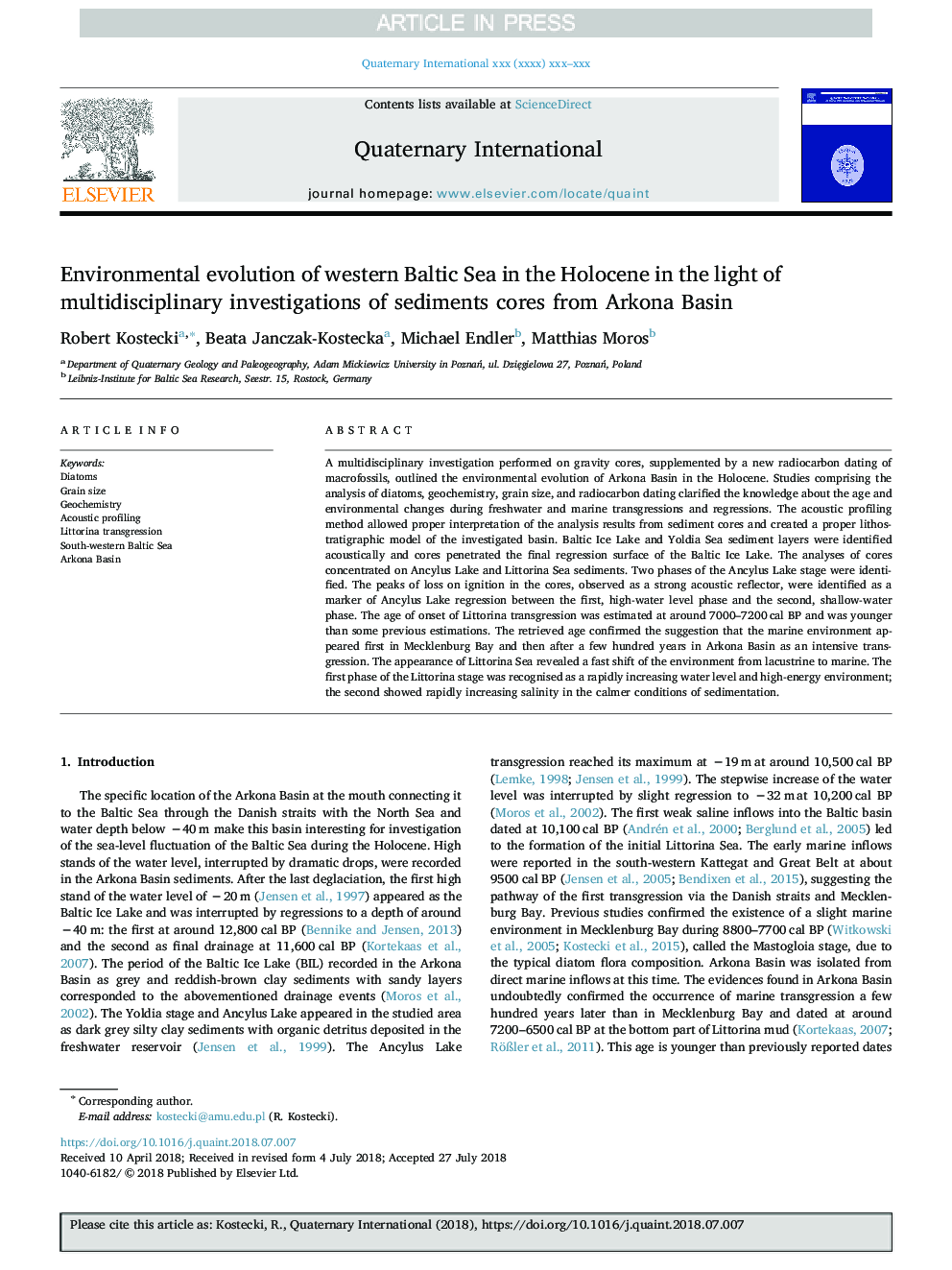 Environmental evolution of western Baltic Sea in the Holocene in the light of multidisciplinary investigations of sediments cores from Arkona Basin