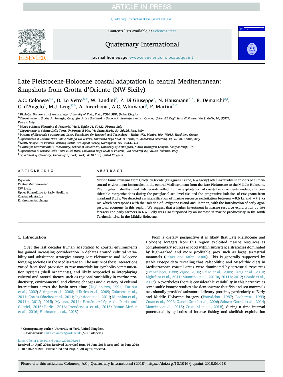 Late Pleistocene-Holocene coastal adaptation in central Mediterranean: Snapshots from Grotta d'Oriente (NW Sicily)