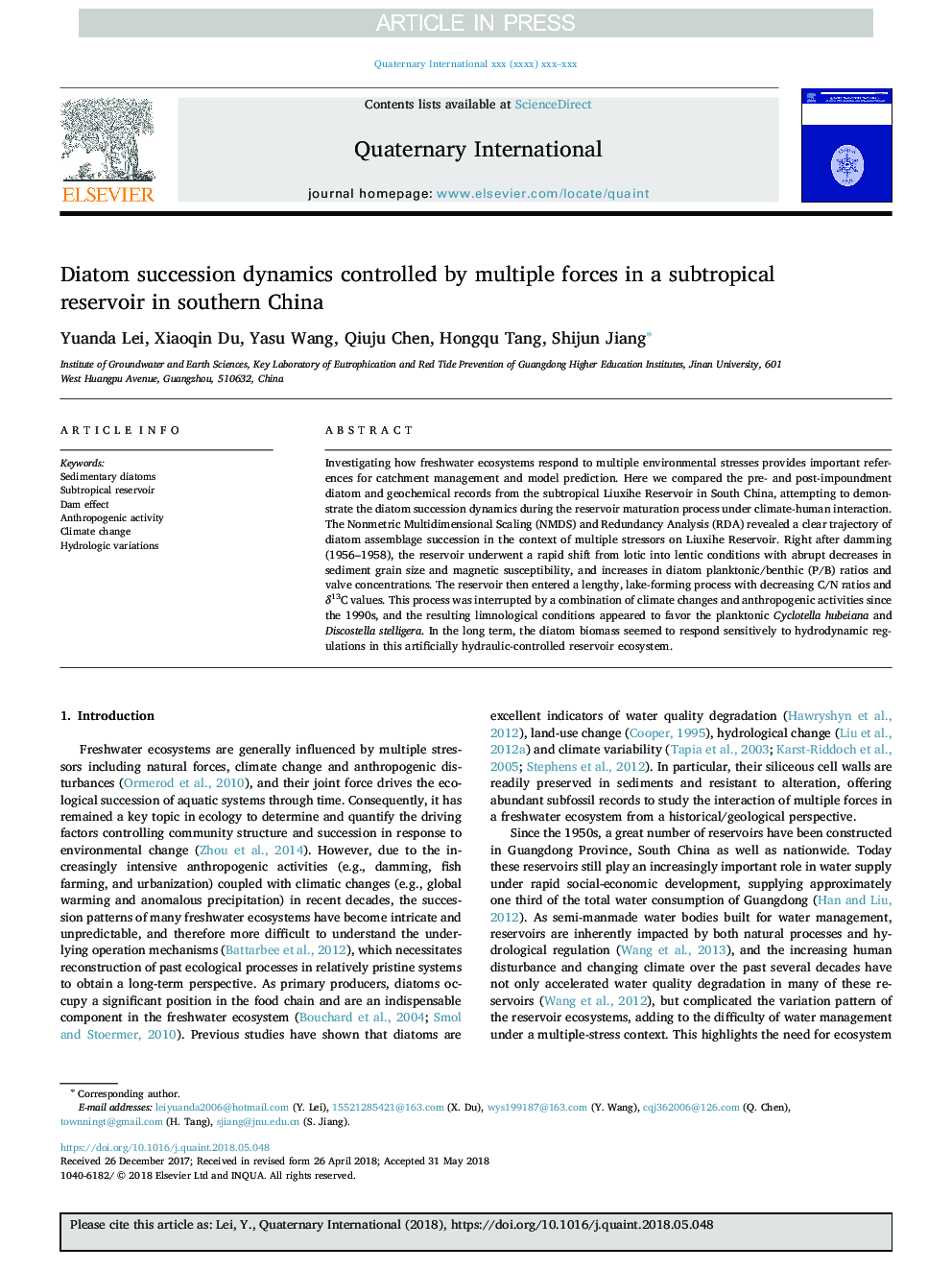 Diatom succession dynamics controlled by multiple forces in a subtropical reservoir in southern China