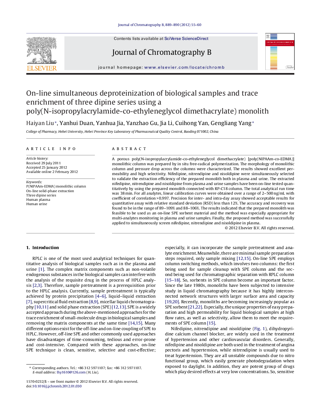 On-line simultaneous deproteinization of biological samples and trace enrichment of three dipine series using a poly(N-isopropylacrylamide-co-ethyleneglycol dimethacrylate) monolith