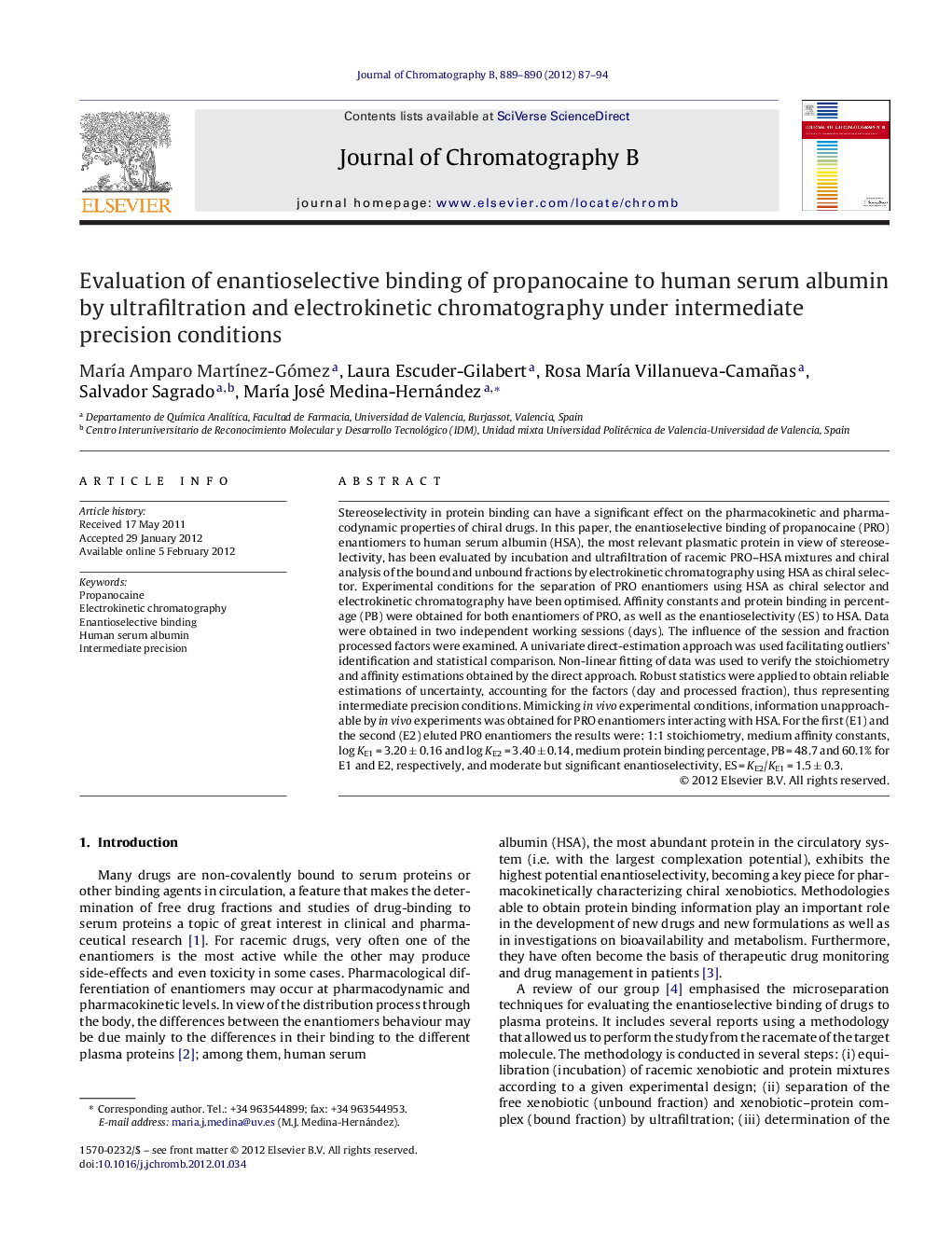 Evaluation of enantioselective binding of propanocaine to human serum albumin by ultrafiltration and electrokinetic chromatography under intermediate precision conditions