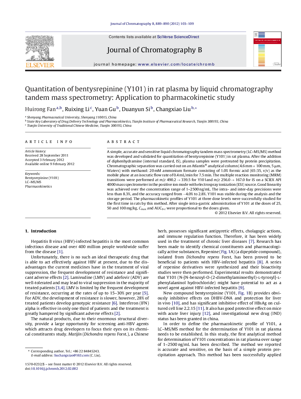 Quantitation of bentysrepinine (Y101) in rat plasma by liquid chromatography tandem mass spectrometry: Application to pharmacokinetic study