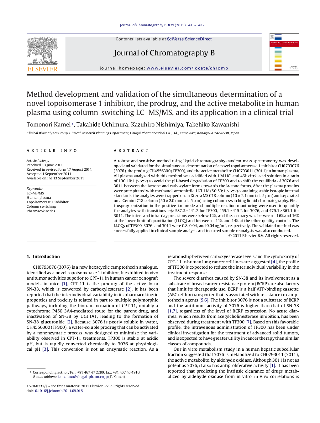 Method development and validation of the simultaneous determination of a novel topoisomerase 1 inhibitor, the prodrug, and the active metabolite in human plasma using column-switching LC–MS/MS, and its application in a clinical trial