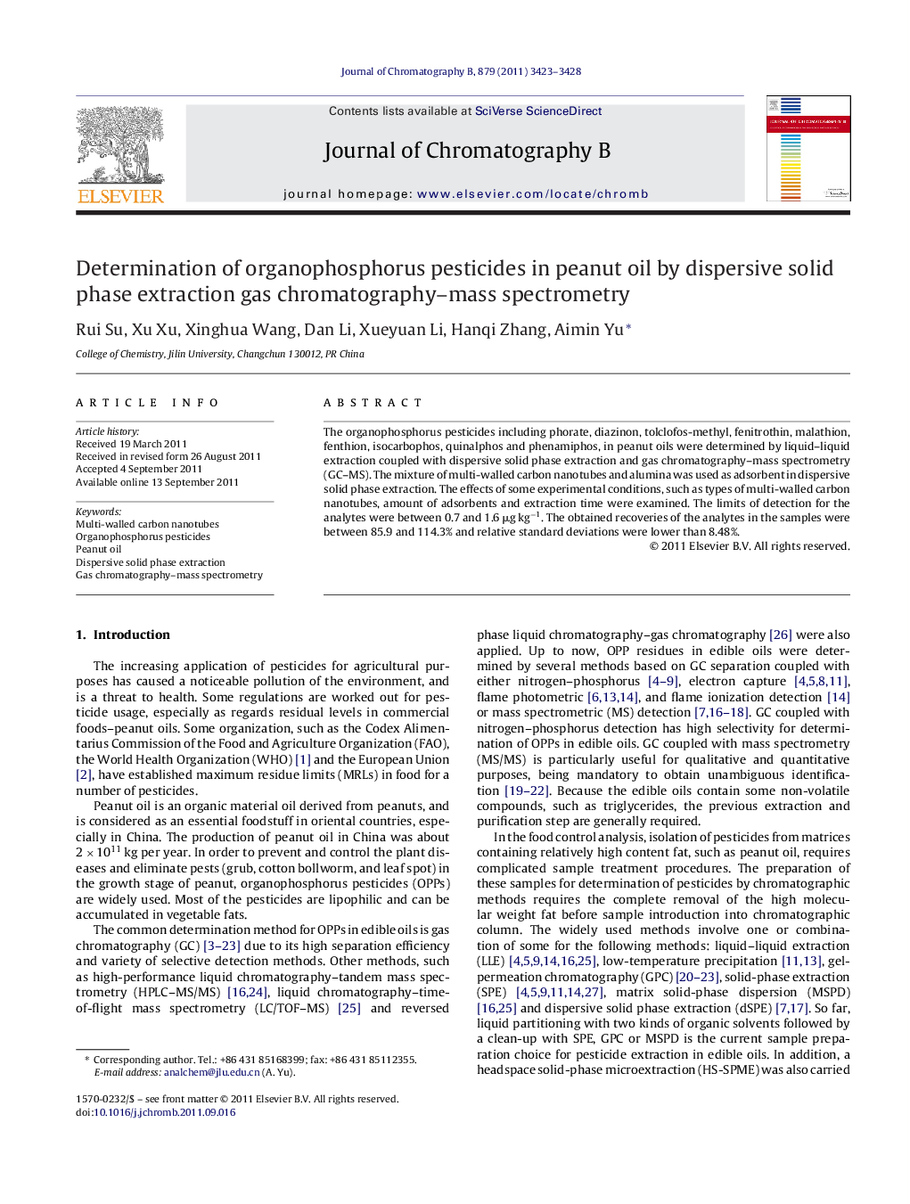 Determination of organophosphorus pesticides in peanut oil by dispersive solid phase extraction gas chromatography–mass spectrometry