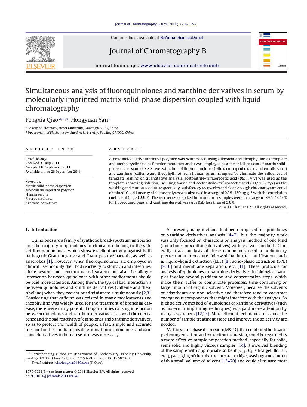 Simultaneous analysis of fluoroquinolones and xanthine derivatives in serum by molecularly imprinted matrix solid-phase dispersion coupled with liquid chromatography