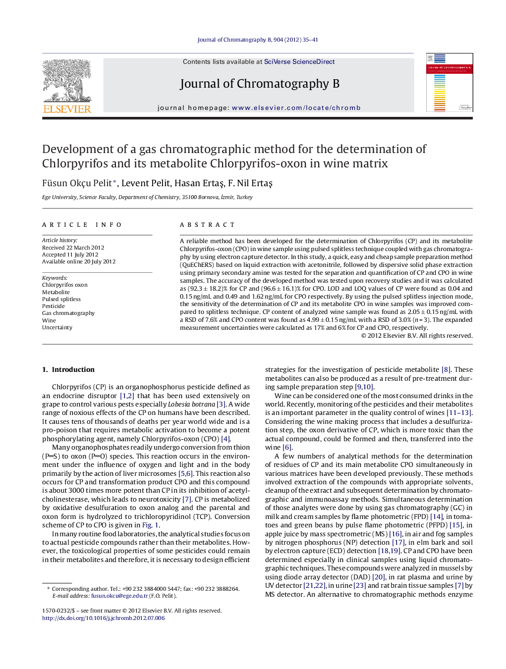 Development of a gas chromatographic method for the determination of Chlorpyrifos and its metabolite Chlorpyrifos-oxon in wine matrix